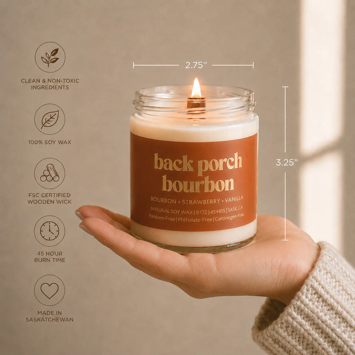 Prairie Creek Candle Back Porch Bourbon 8oz soy candle lifestyle — Cloud Nine Pajamas Edmonton