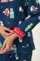 Bearly Awake 3-Piece Flannel PJ Set | Polar Bear Print & Headband PJ Salvage Canada - Close up of the "Bearly Awake" embroidery on cuff