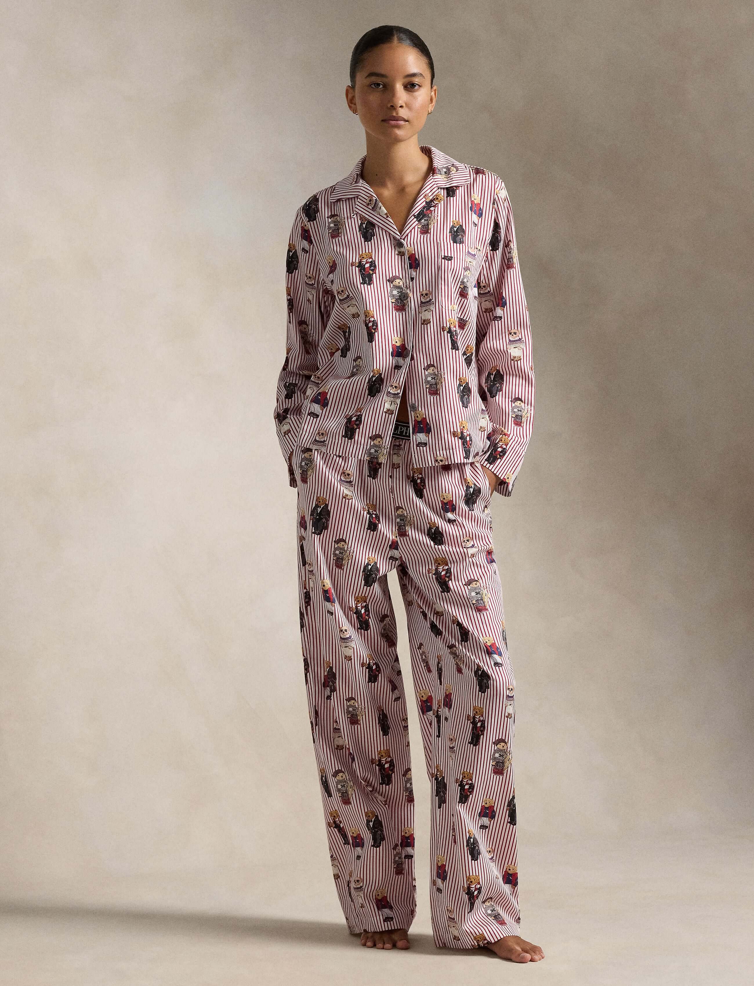 Iconic Polo Bear Cotton Sateen Madison PJ Set Polo Ralph Lauren on a model, showcasing sophisticated comfort and playful elegance.