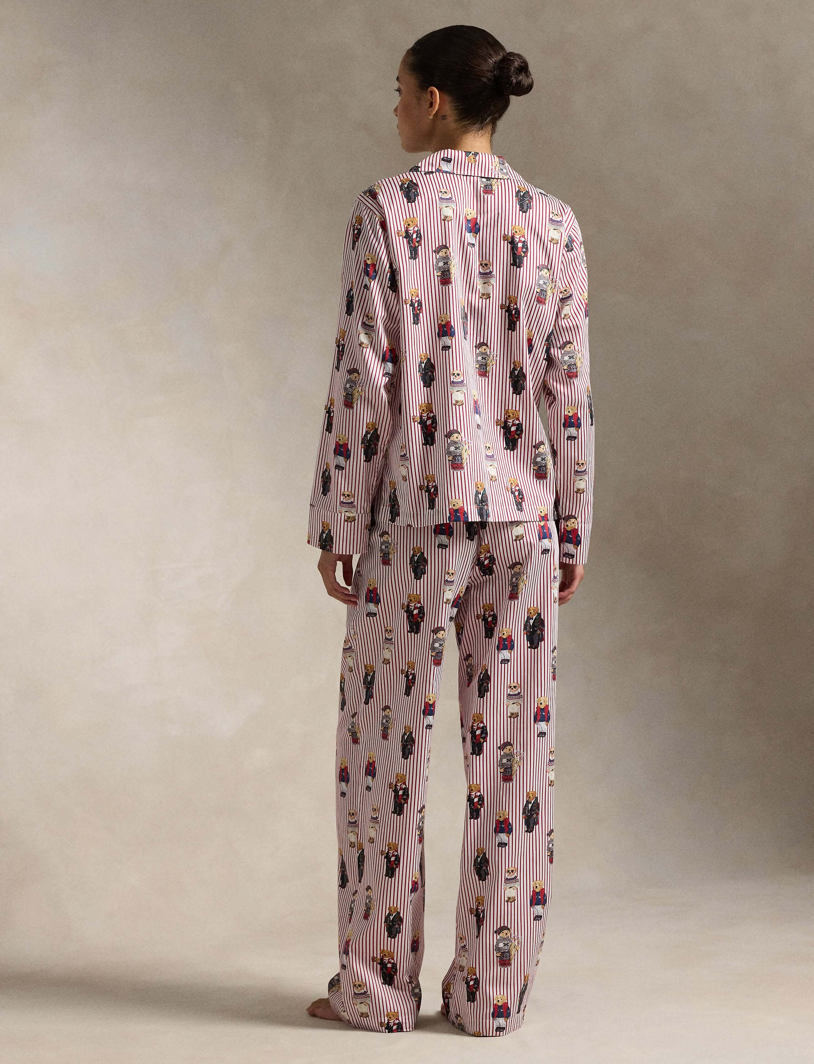 Model wearing the Iconic Polo Bear Cotton Sateen Madison PJ Set Polo Ralph Lauren from the back, showcasing playful design.