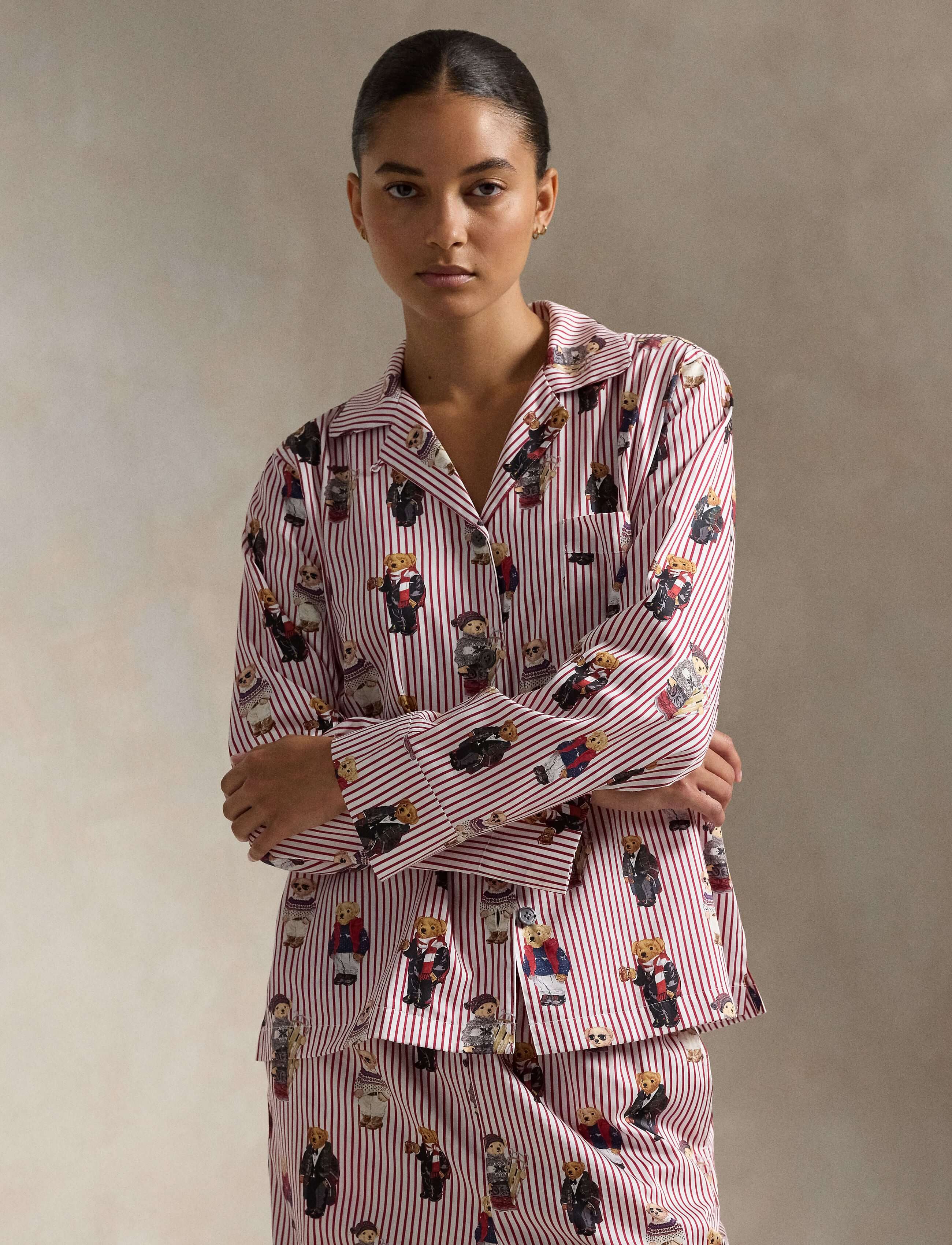 Model wearing Iconic Polo Bear Cotton Sateen Madison PJ Set Polo Ralph Lauren, showcasing playful elegance.