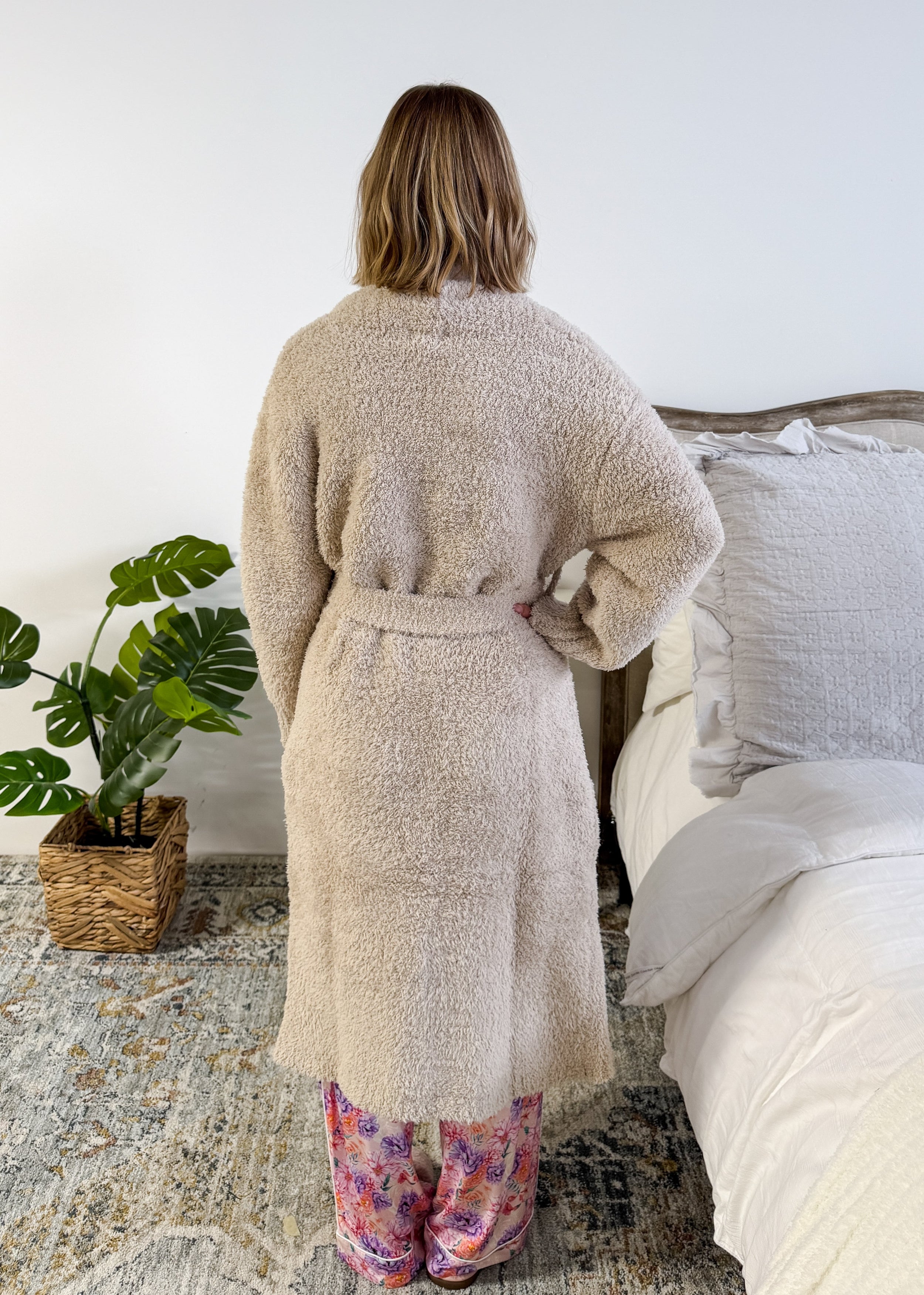 Sand Beige Chenille Cloud Spa Robe – Plush Stretch Robe with Pockets showing back view and length
