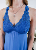 Fleurt by Montelle Belle Époque Full Chemise – For Fuller Busts in True Blue close up of lace 