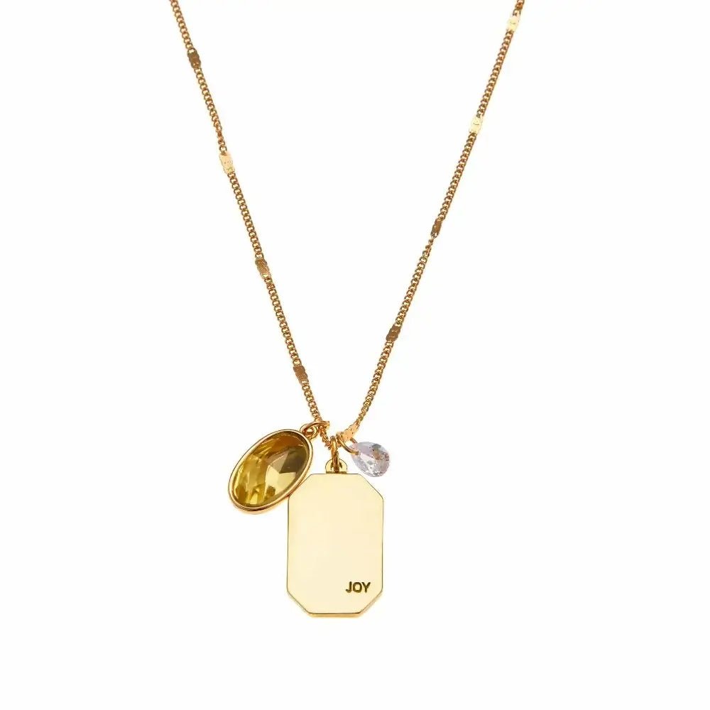 Birthstone Charm Necklace in 14k Plated Gold featuring November citrine stone and 'JOY' intention word by Foxy Originals.