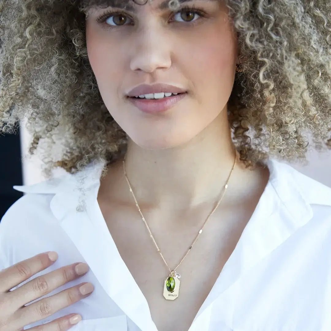 Birthstone Charm Necklace in 14k Plated Gold featuring August Peridot and 'Beauty' charm by Foxy Originals.