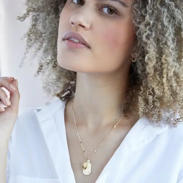 Birthstone Charm Necklace in 14k Plated Gold featuring November citrine stone and 'JOY' intention word by Foxy Originals.
