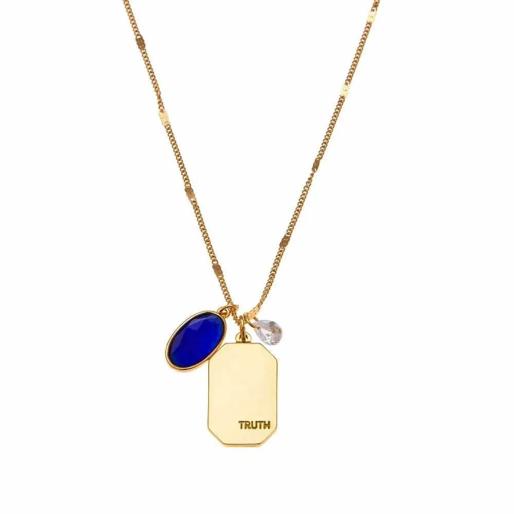 Birthstone Charm Necklace in 14k Plated Gold featuring September sapphire stone and 'TRUTH' charm by Foxy Originals.