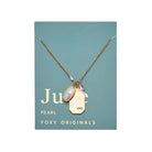 Birthstone Charm Necklace in 14k Plated Gold featuring a pearl and 'LOVE' charm on a blue card by Foxy Originals.