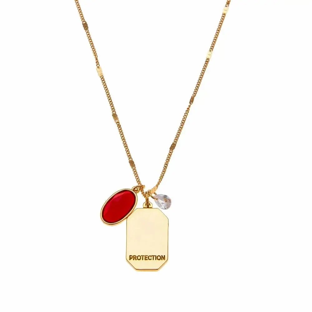 Birthstone Charm Necklace in 14k Plated Gold featuring garnet for January with 'Protection' intention word.