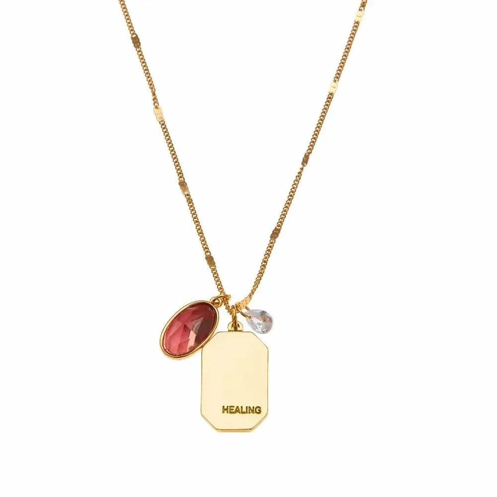 Birthstone Charm Necklace in 14k Plated Gold featuring October opal and healing intention, handcrafted by Foxy Originals.