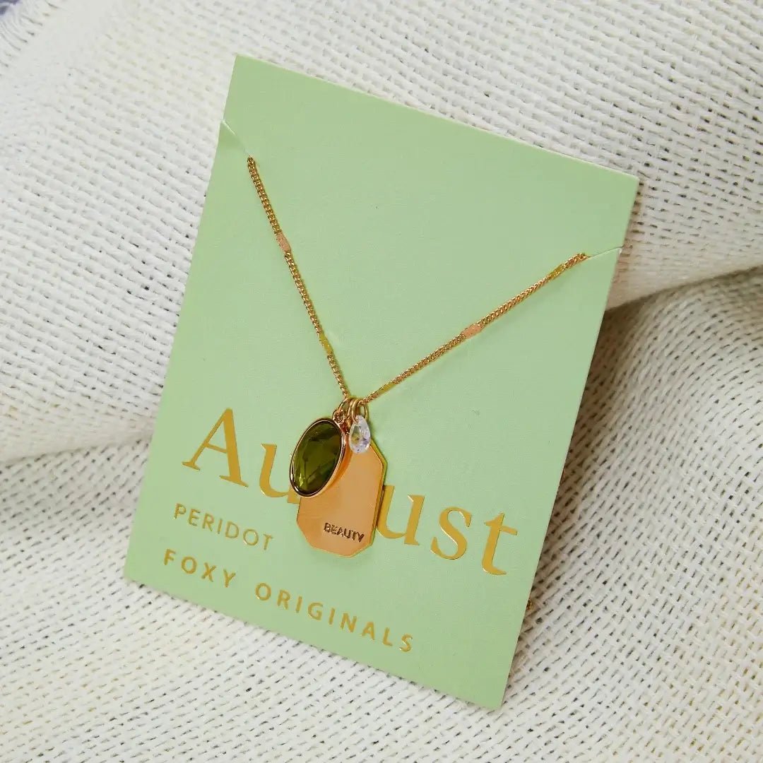 Birthstone Charm Necklace in 14k Plated Gold featuring August Peridot and 'Beauty' charm by Foxy Originals.
