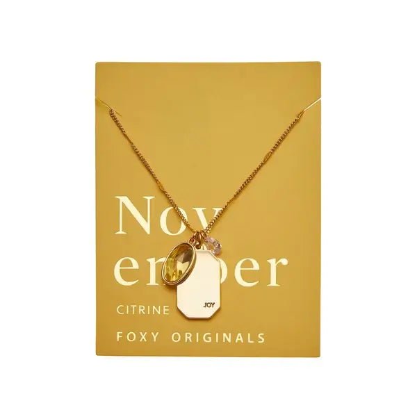 Birthstone Charm Necklace in 14k Plated Gold featuring November citrine stone and 'JOY' intention word by Foxy Originals.