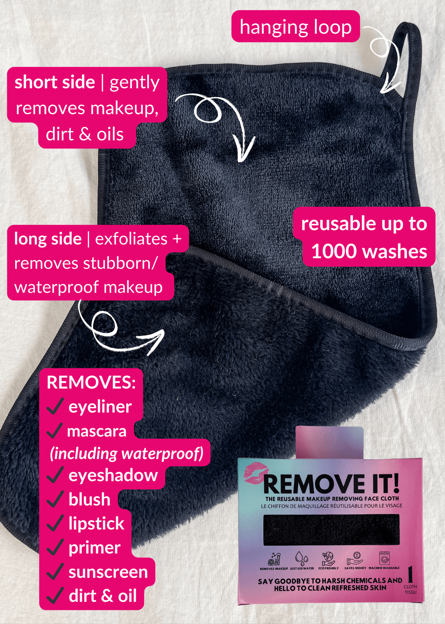 remove it makeup remove cloth for removing all makeup with just water - reusable, eco friendly skin care