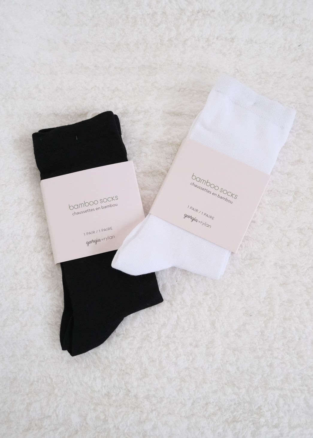 Georgia Rylan bamboo crew socks black and white mid-calf pair flat lay — Cloud Nine Pajamas