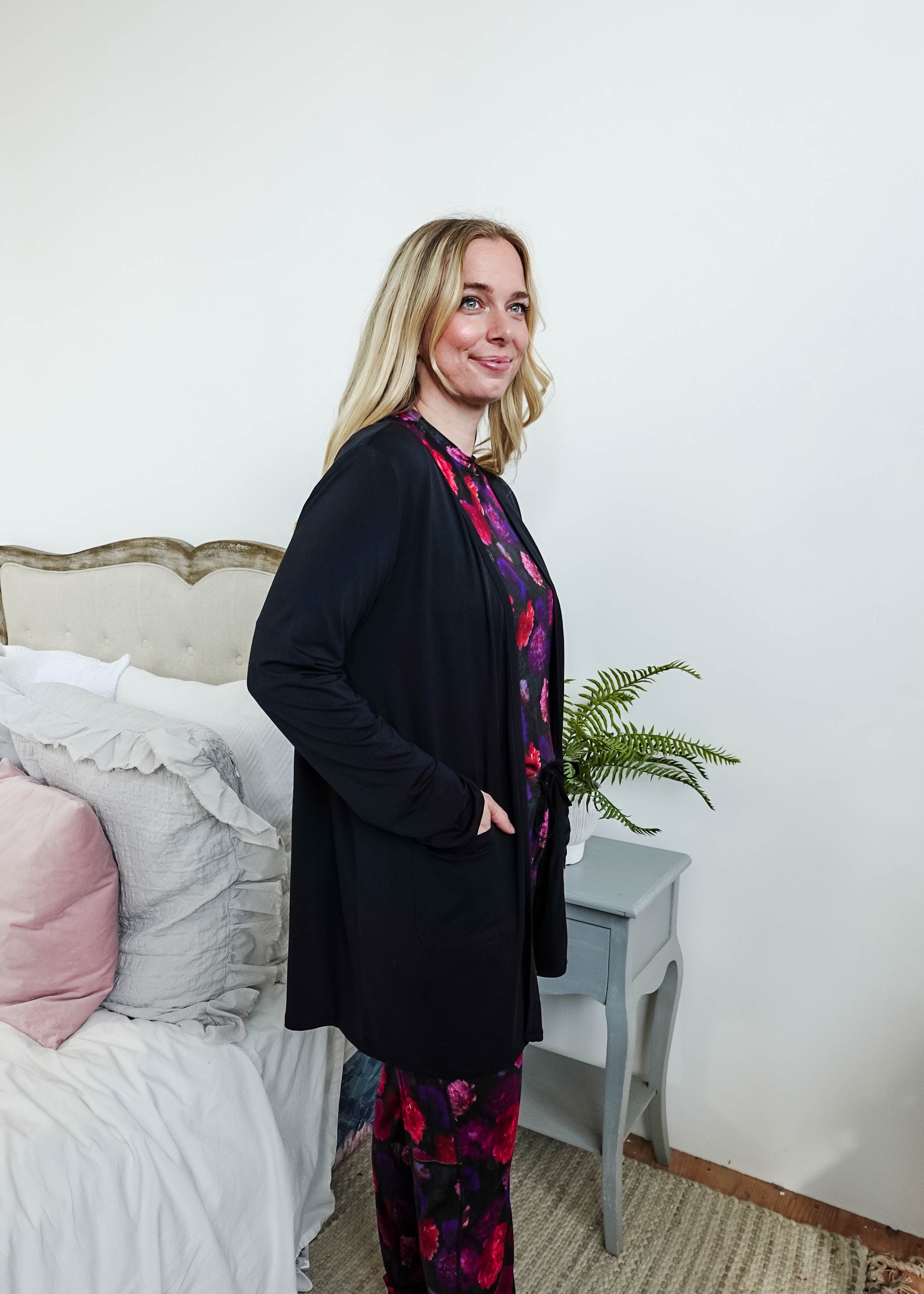 womens long bamboo cardigan with pockets in black georgia rylan