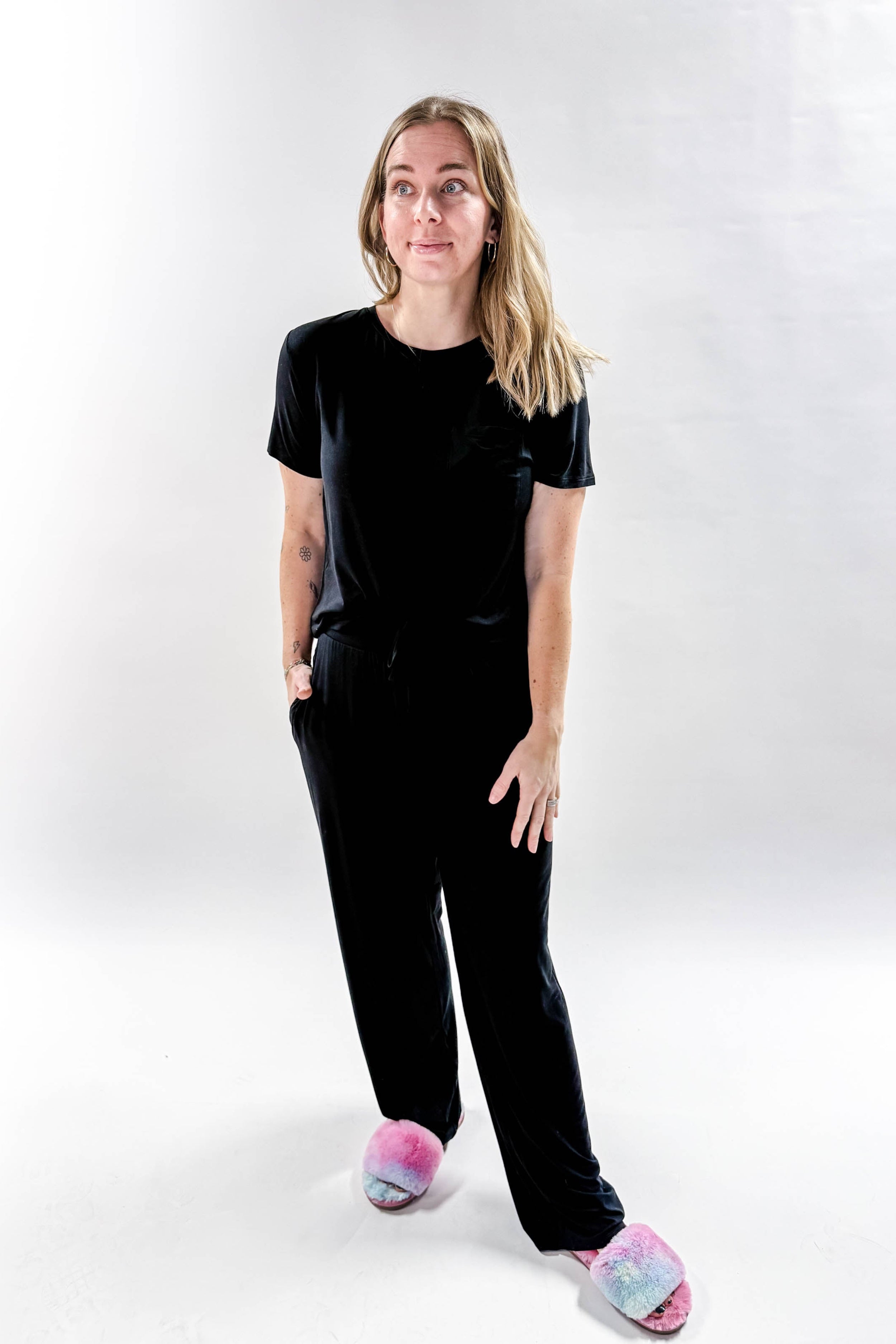 Black Tee/Straight Pant Bamboo Loungewear Set | Georgia Rylan classic black lounge set for women