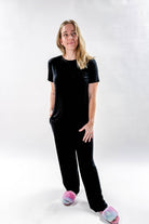 Black Tee/Straight Pant Bamboo Loungewear Set | Georgia Rylan classic black lounge set for women showing shirt untucked
