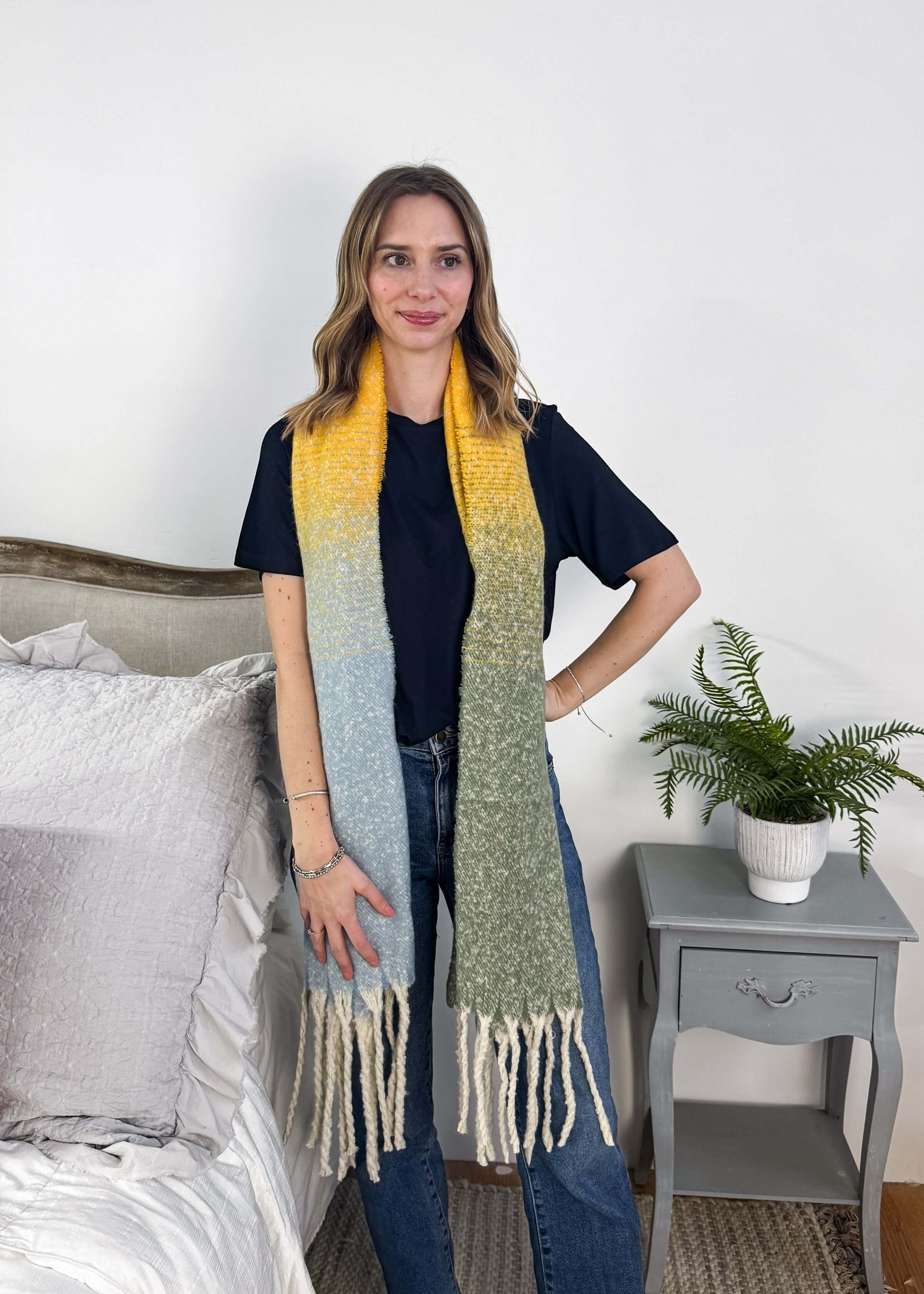 yellow ombre acrylic soft oversized blanket scarf with tassles