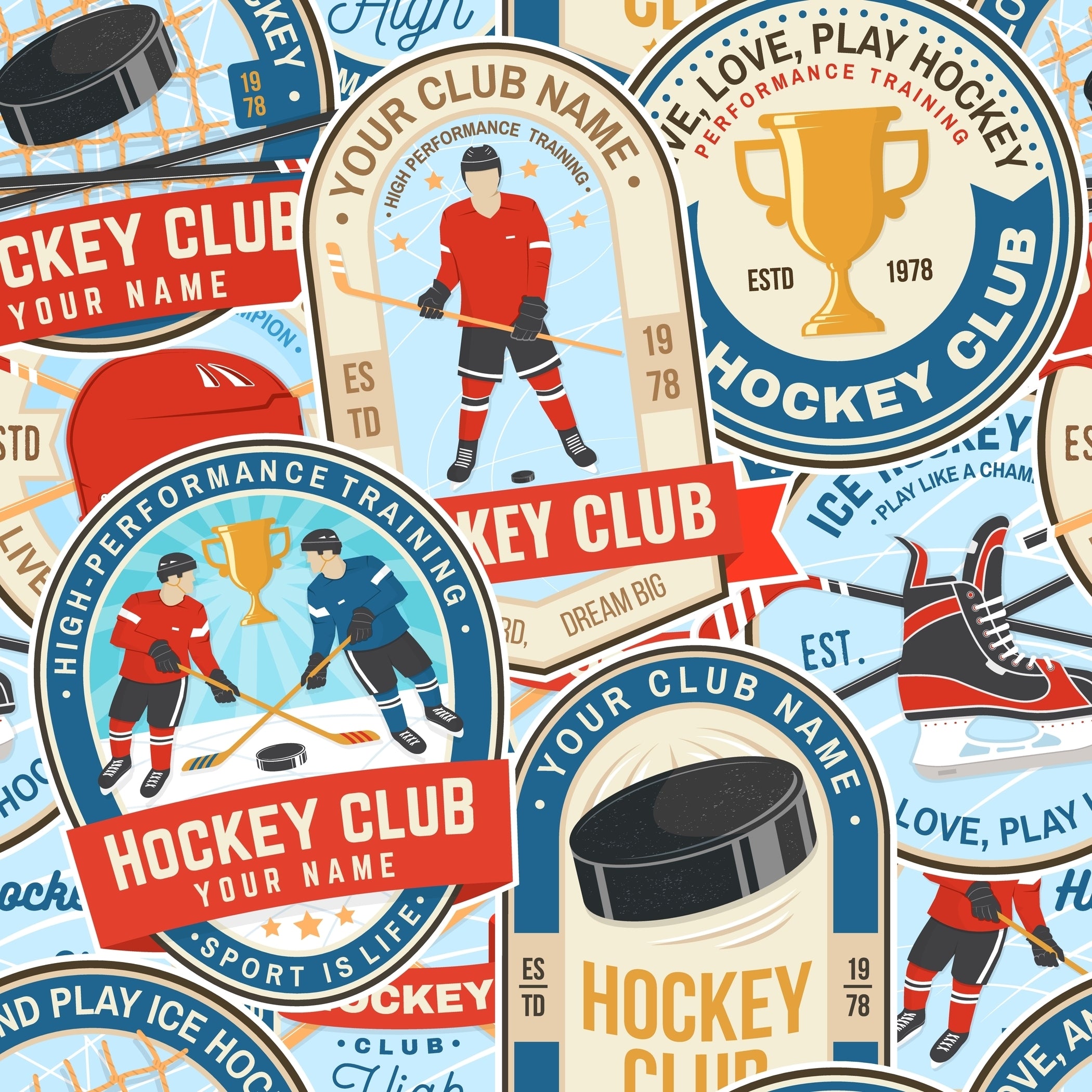 Bob's Sleepwear Co. Hockey Club print close-up illustrated hockey players badges — Cloud Nine Pajamas