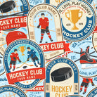 Bob's Sleepwear Co. Hockey Club print close-up illustrated hockey players badges — Cloud Nine Pajamas