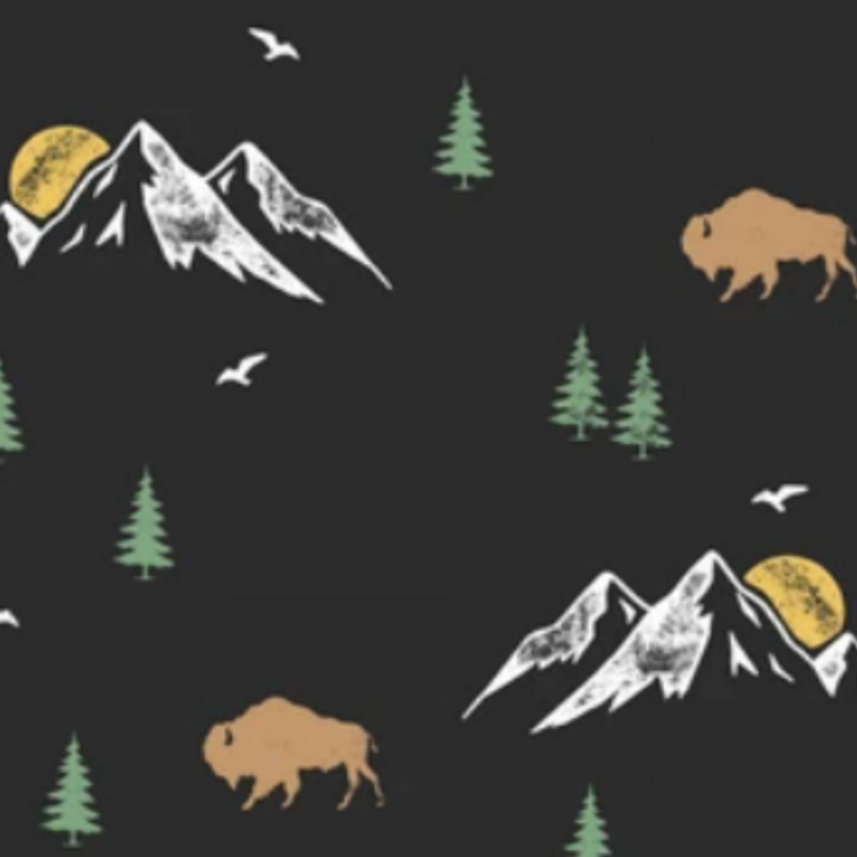 A repeating pattern featuring white and gray mountain peaks, green pine trees, brown bison, and small white birds on a dark charcoal background.