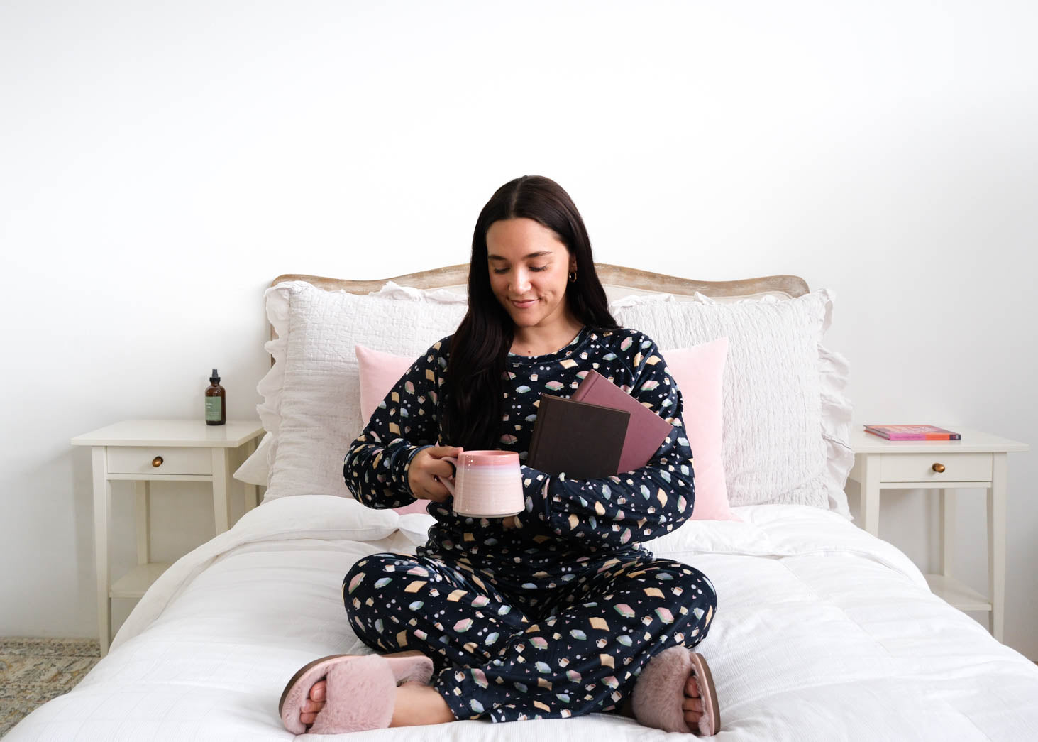 Miranda Nic Book Club Velour Straight Leg PJ Set lifestyle — Cloud Nine Pajamas Edmonton
