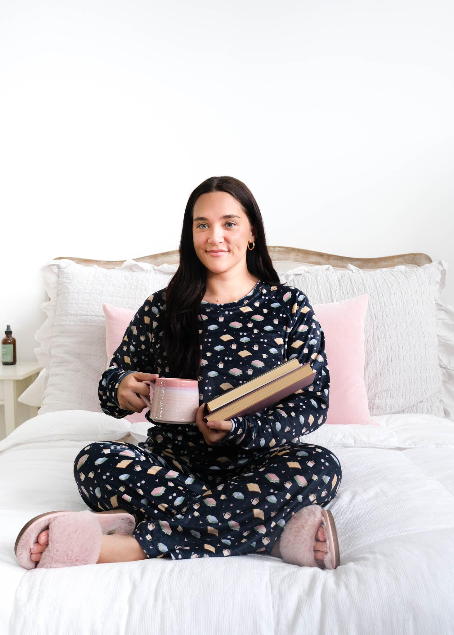 Miranda Nic Book Club Velour Straight Leg PJ Set lifestyle closeup on bed with books — Cloud Nine Pajamas Edmonton