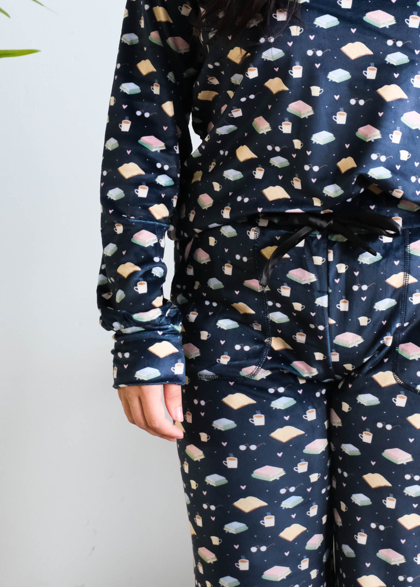 Miranda Nic Book Club Velour PJ Set top close-up book print detail — Cloud Nine Pajamas