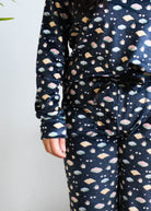 Miranda Nic Book Club Velour PJ Set top close-up book print detail — Cloud Nine Pajamas