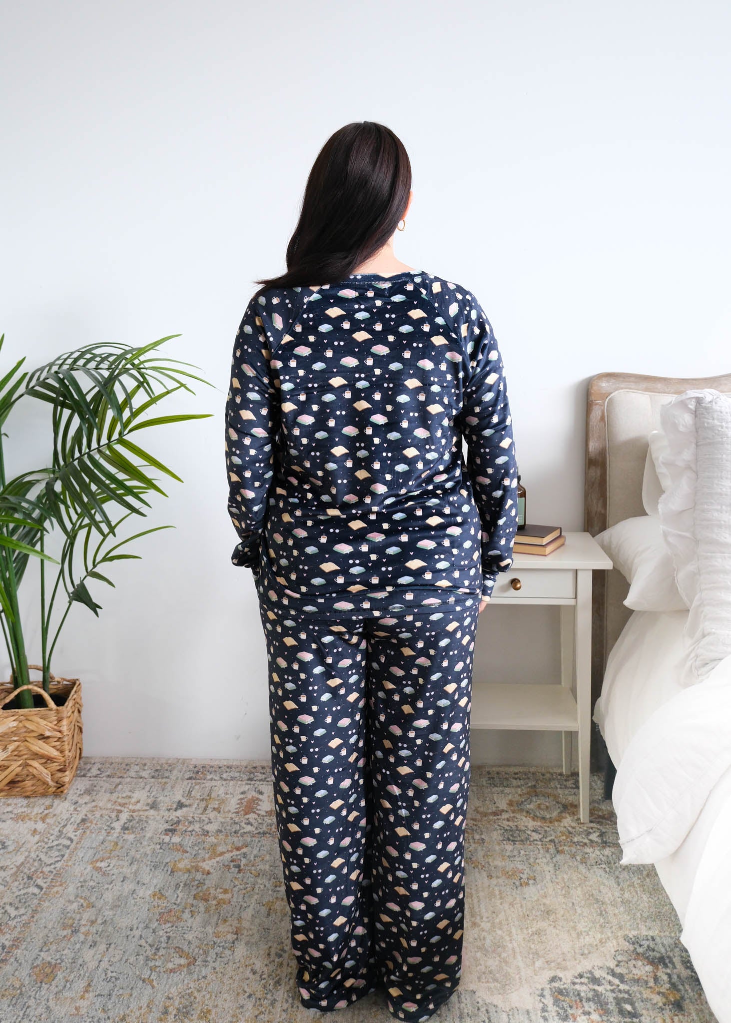 Miranda Nic Book Club Velour PJ Set model back view — Cloud Nine Pajamas