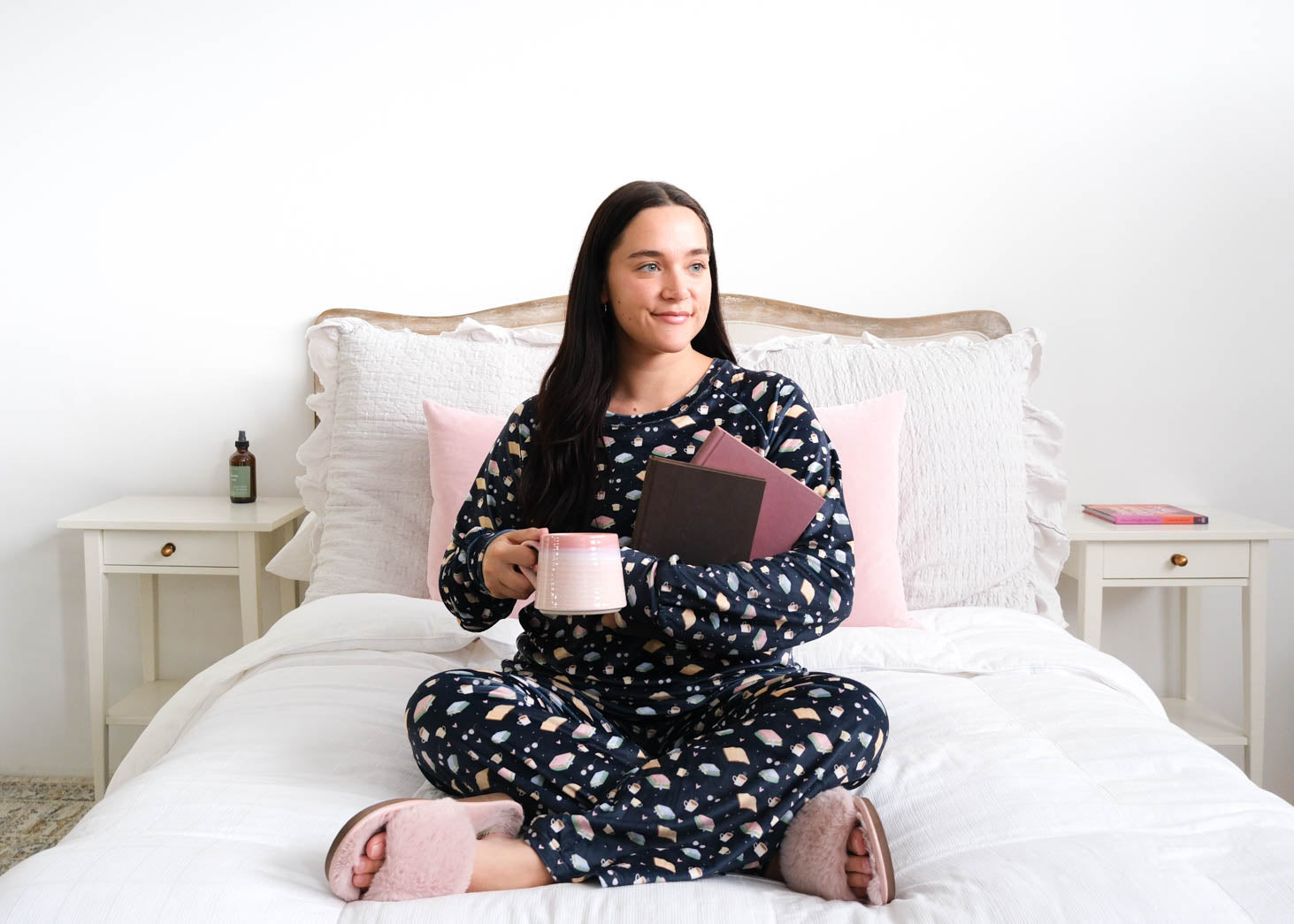 Miranda Nic Book Club Velour Straight Leg PJ Set lifestyle model on bed — Cloud Nine Pajamas Edmonton