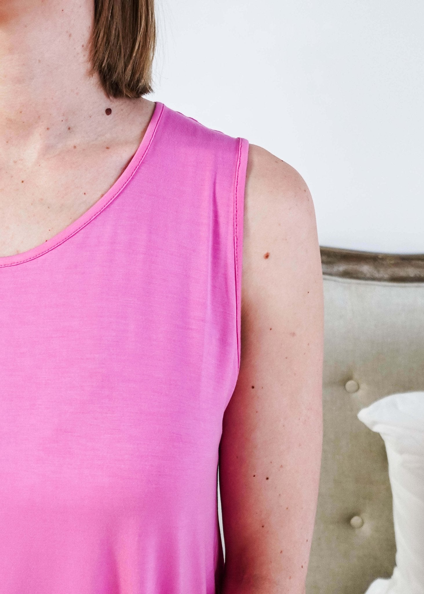 Bubblegum Pink Essential Bamboo Tank Top close-up showcasing comfort and style, perfect for any season.