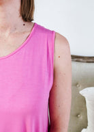 Bubblegum Pink Essential Bamboo Tank Top close-up showcasing comfort and style, perfect for any season.