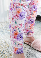 Dream In Blooms Long Sleeve Top & Jogger Bamboo Lounge Set with floral print joggers and cozy slippers.