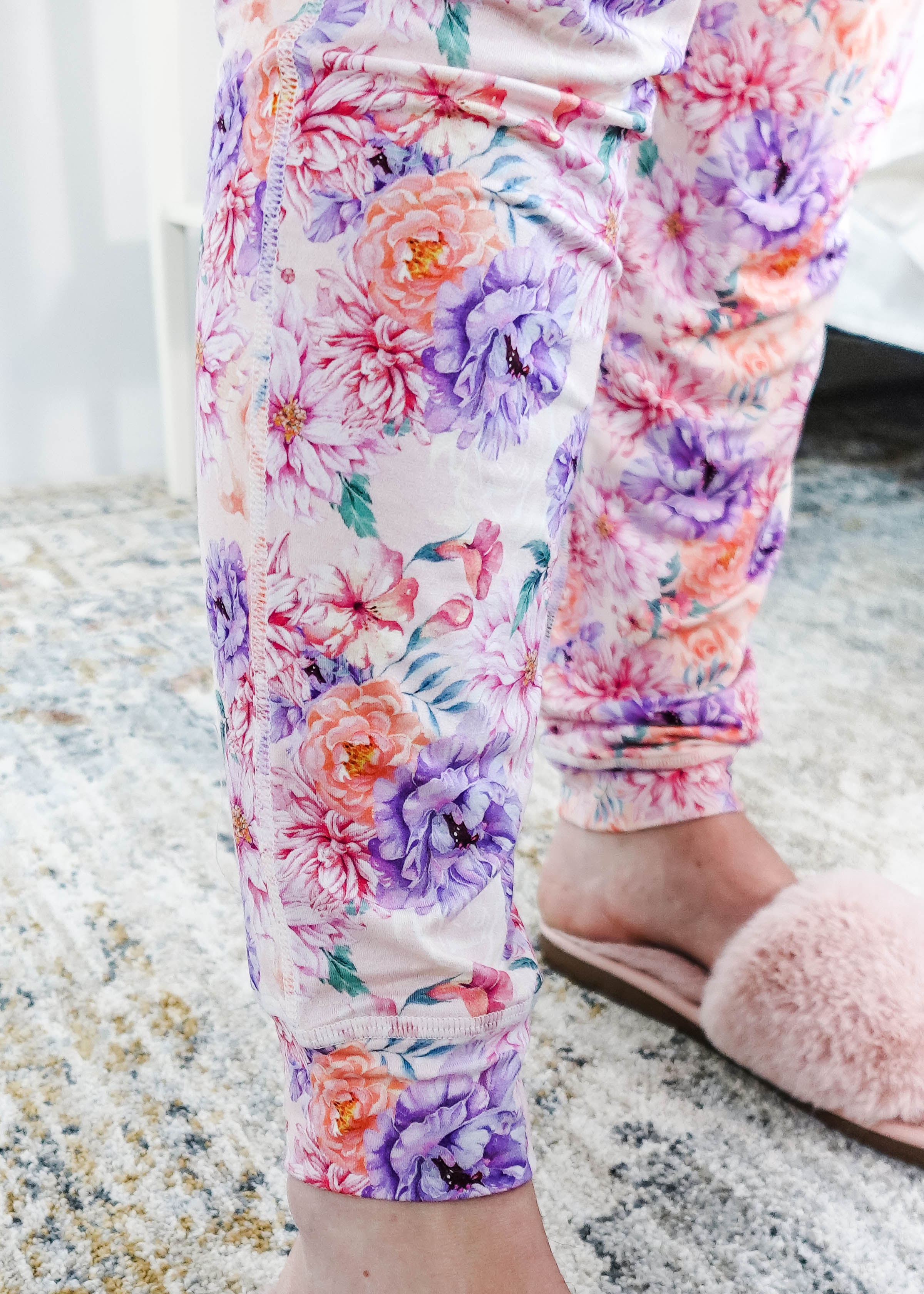 Dream In Blooms Long Sleeve Top & Jogger Bamboo Lounge Set with floral print joggers and cozy slippers.