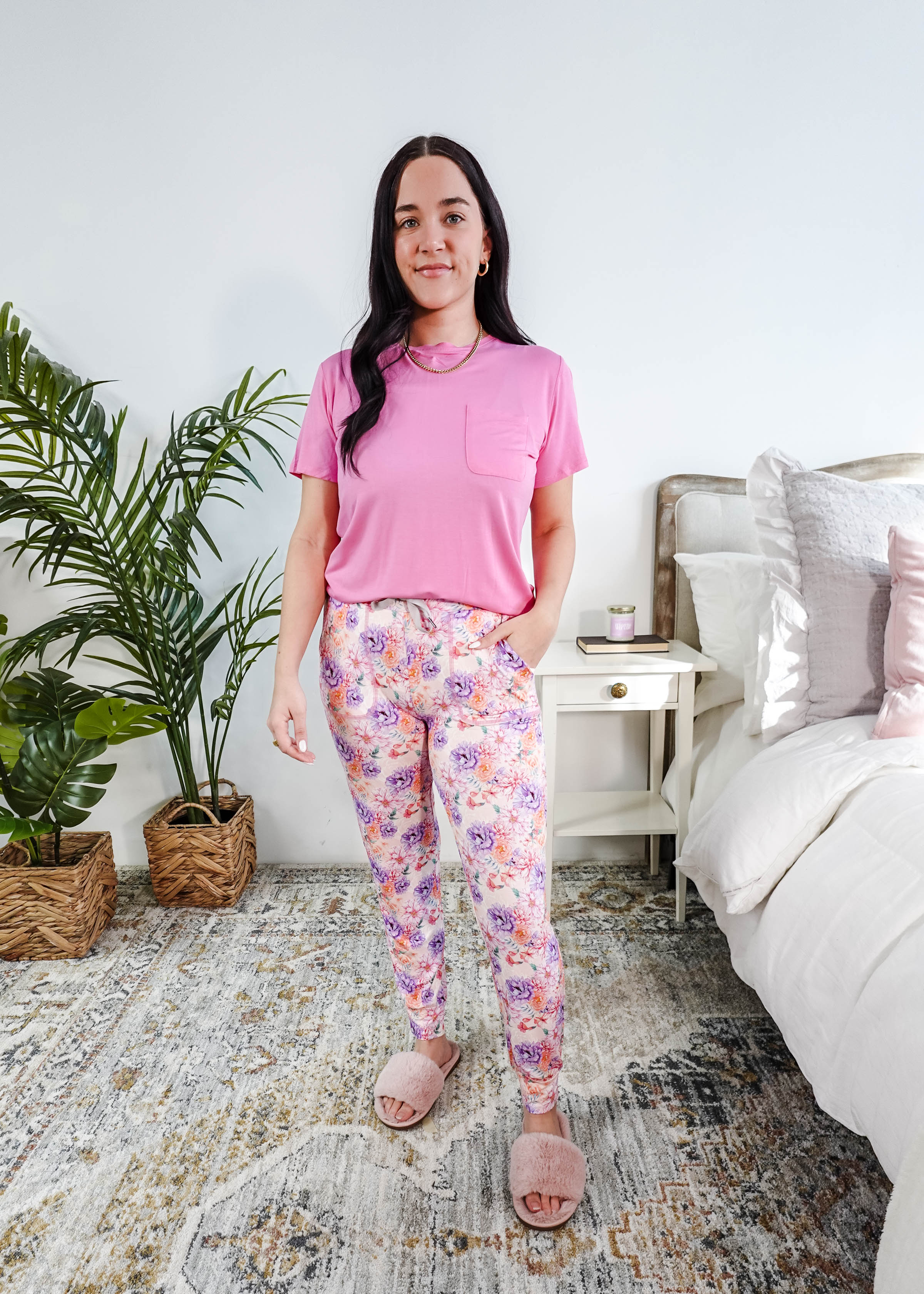 Model wearing Dream In Blooms Tee & Jogger Bamboo Lounge Set, featuring bubblegum pink tee and floral joggers.