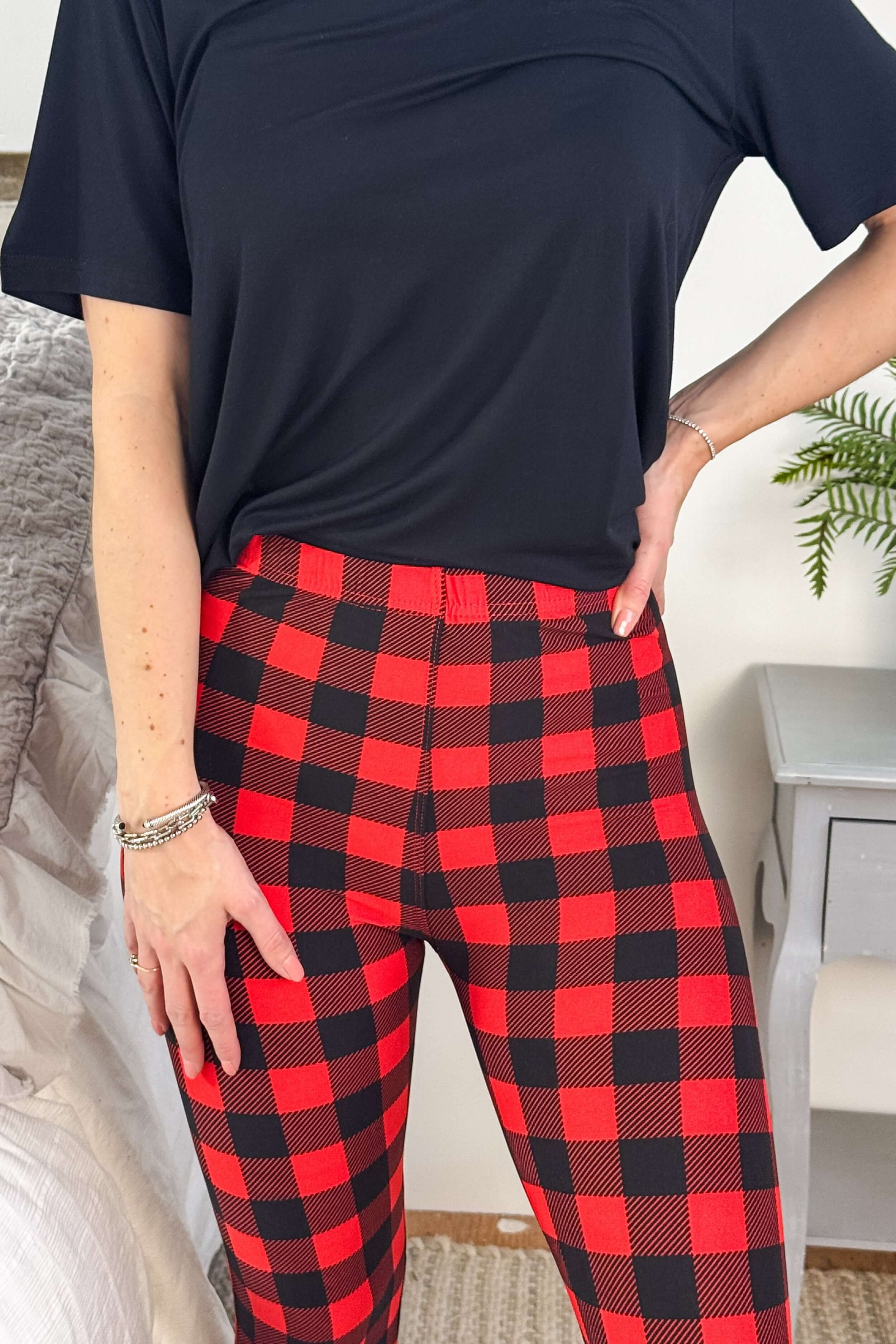 Buffalo Plaid Print Regular Rise Buttery Soft Leggings | O/S fits women XS-L close up of print