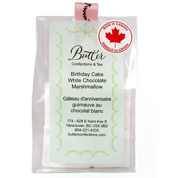Butter Confections Large Cut Chocolate Dipped Marshmallows in elegant packaging, featuring a birthday cake themed white chocolate marshmallow.