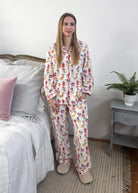 Women's dog print Christmas flannel pajamas button up with straight pant by Mahogany