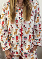 Women's dog print Christmas flannel pajamas button up with straight pant by Mahogany