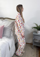 Women's dog print Christmas flannel pajamas button up with straight pant by Mahogany