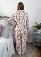 Women's dog print Christmas flannel pajamas button up with straight pant by Mahogany