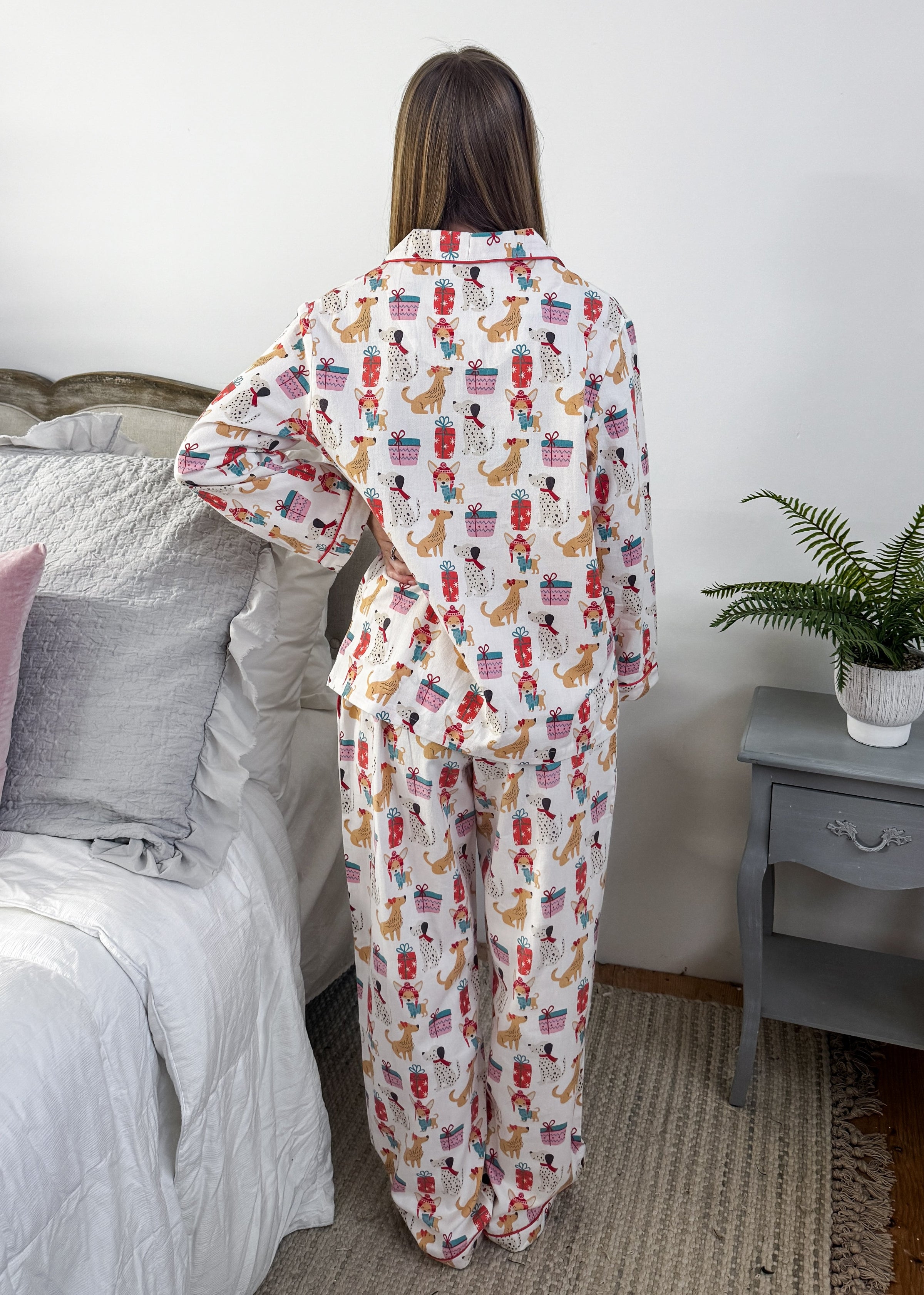 Women's dog print Christmas flannel pajamas button up with straight pant by Mahogany