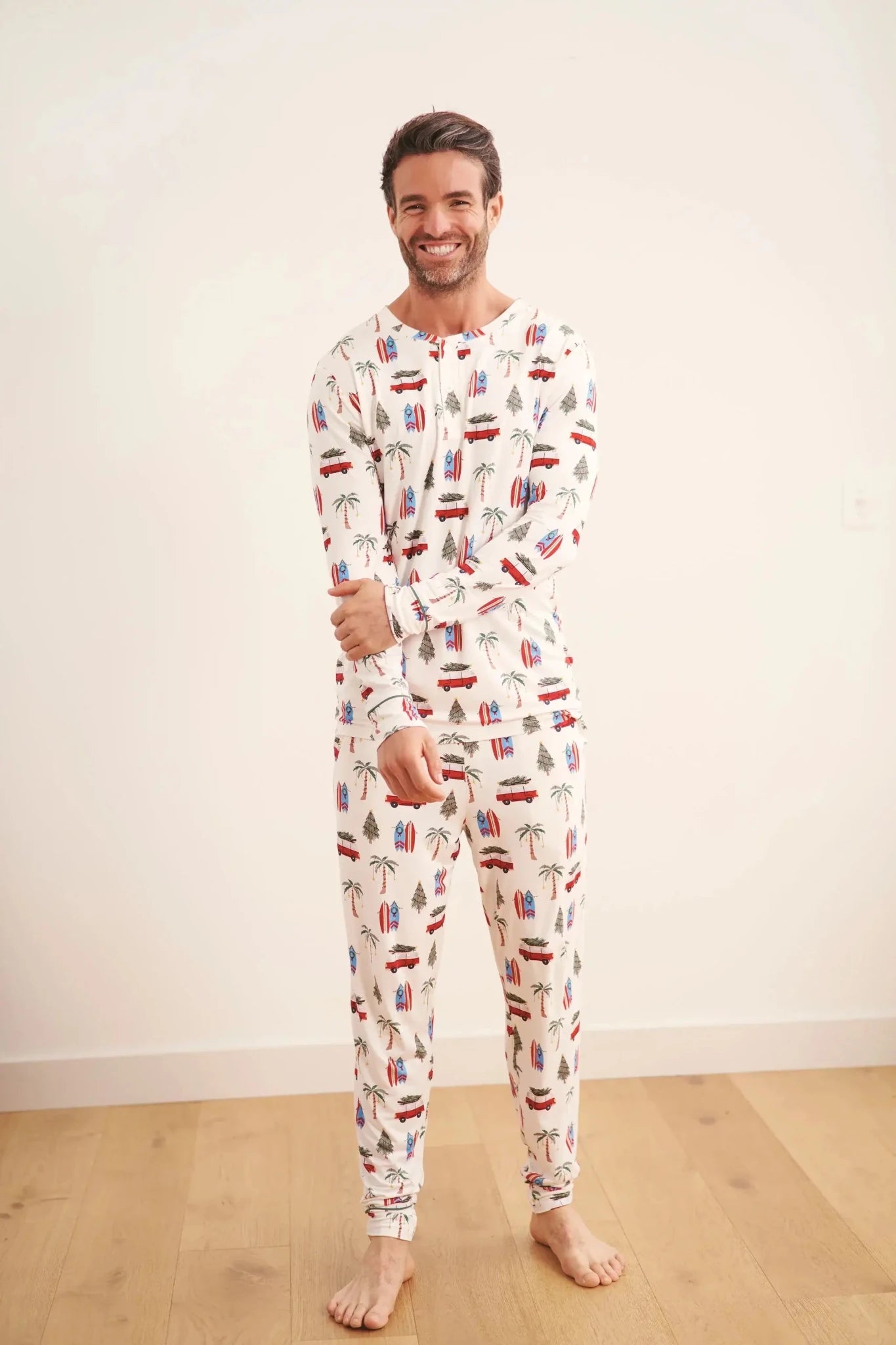 Cali Beachy Christmas Men's Bamboo Henley Jogger Set with festive design, perfect for holiday comfort and style.