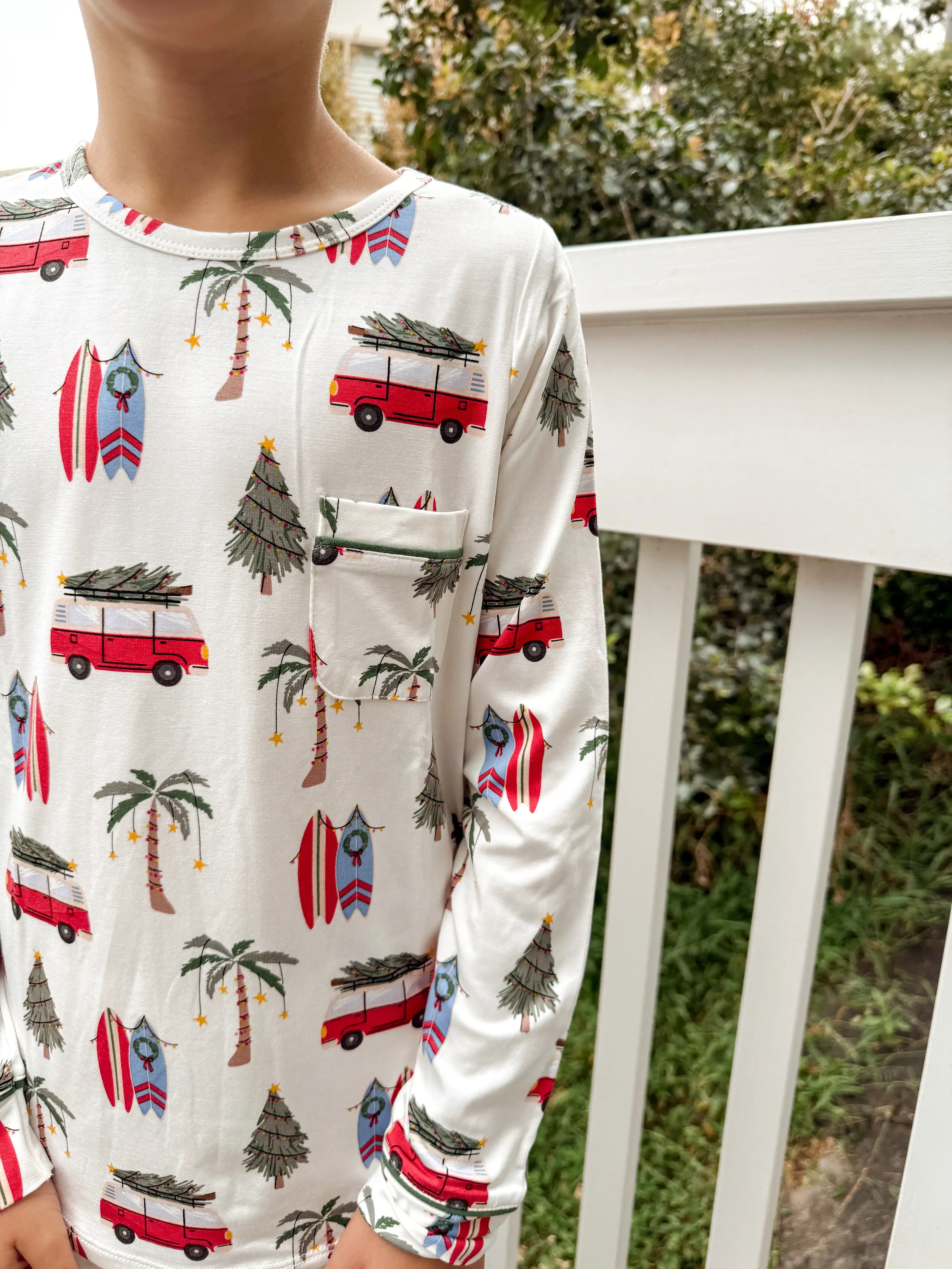 kids matching pj set in bamboo beachy cali christmas print from bambi and birdie