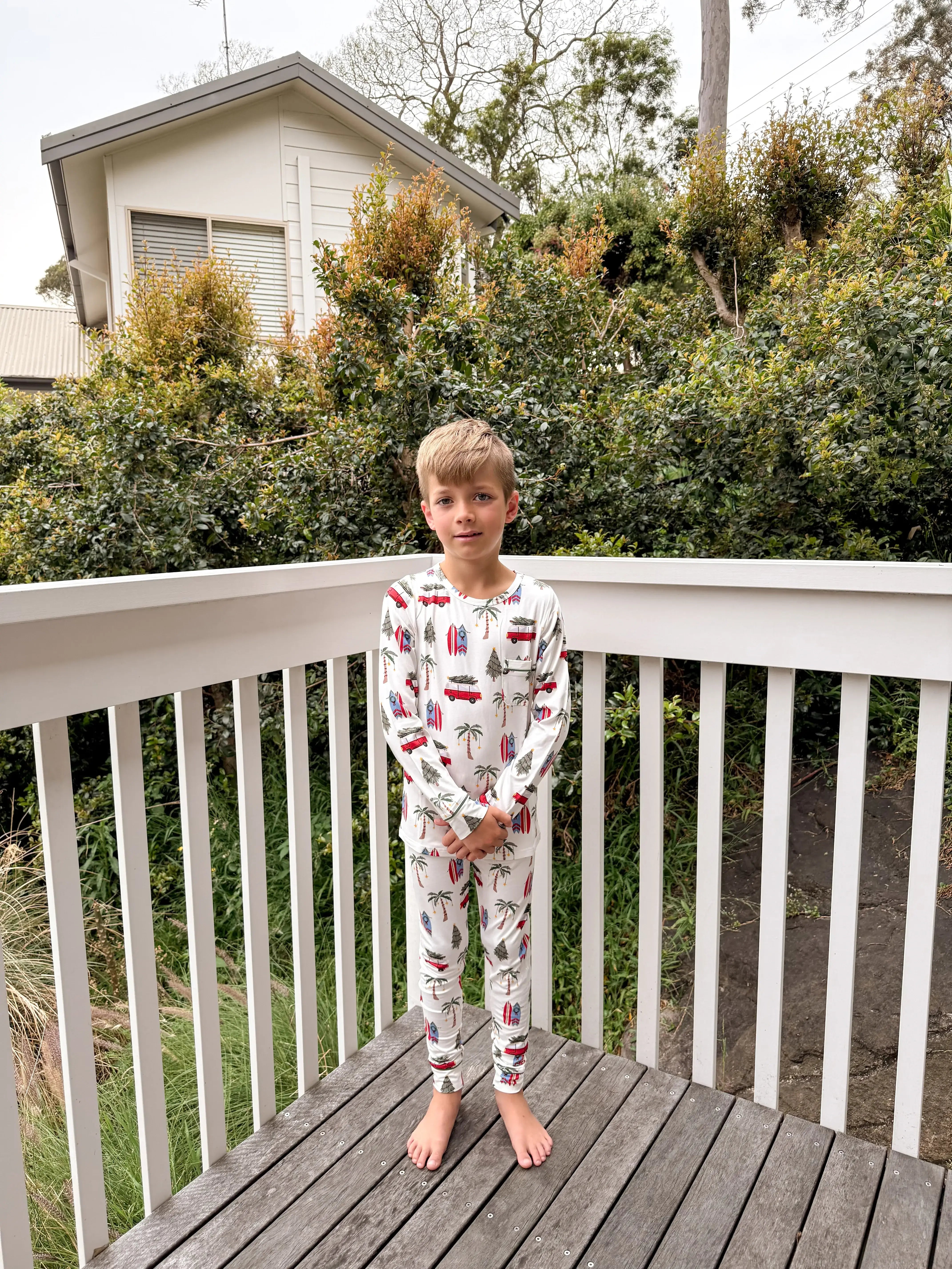 kids matching pj set in bamboo beachy cali christmas print from bambi and birdie