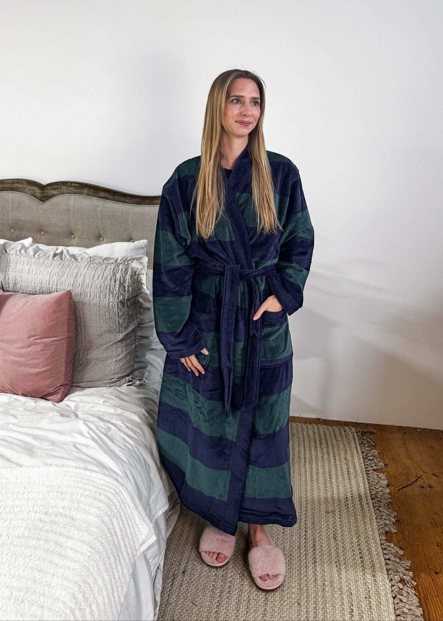 men's striped navy green terry robe CARL ROSS