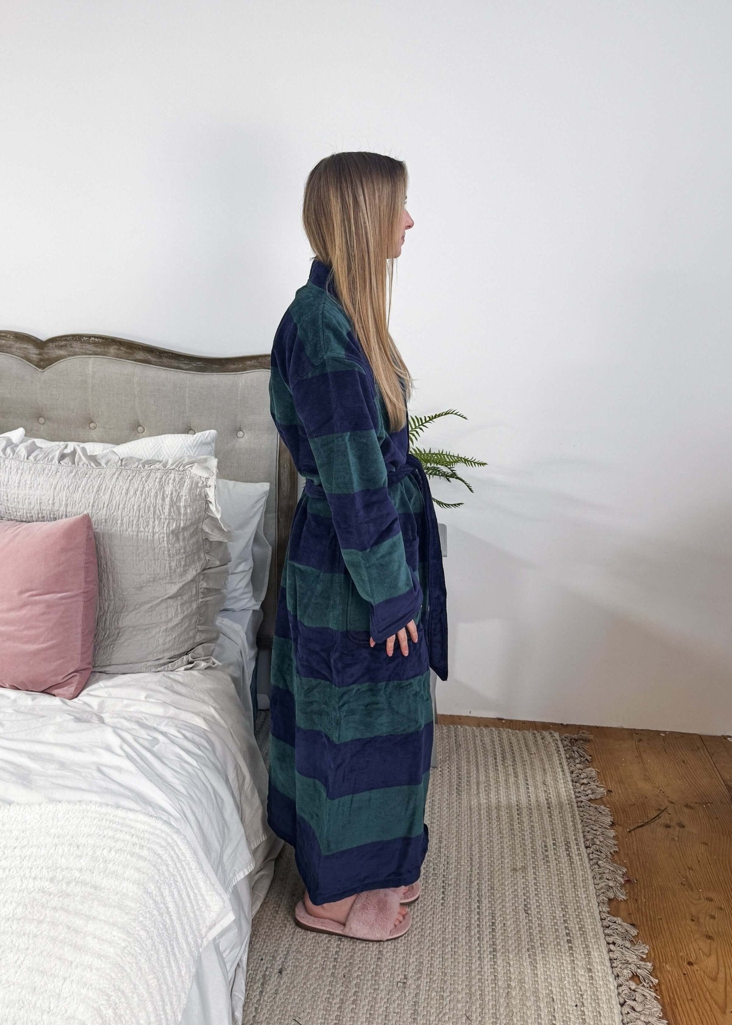 men's striped navy green terry robe CARL ROSS