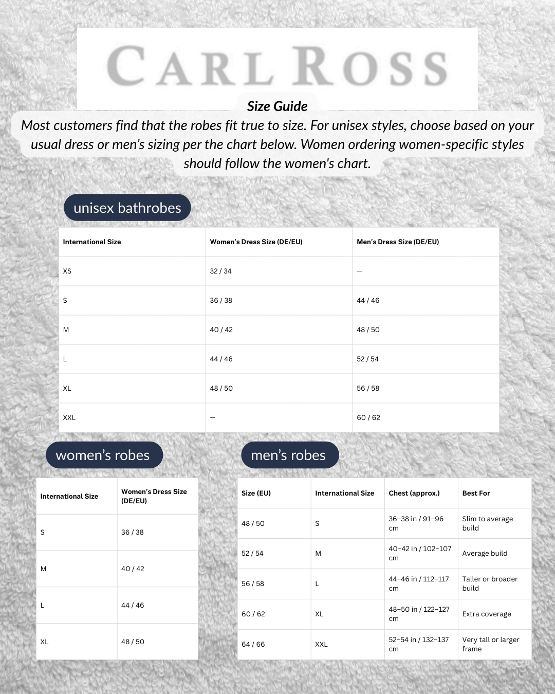carl ross robes size guide women men unisex