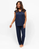 women's navy top and jogger pajama set with lace detail nora rose by cyberjammies